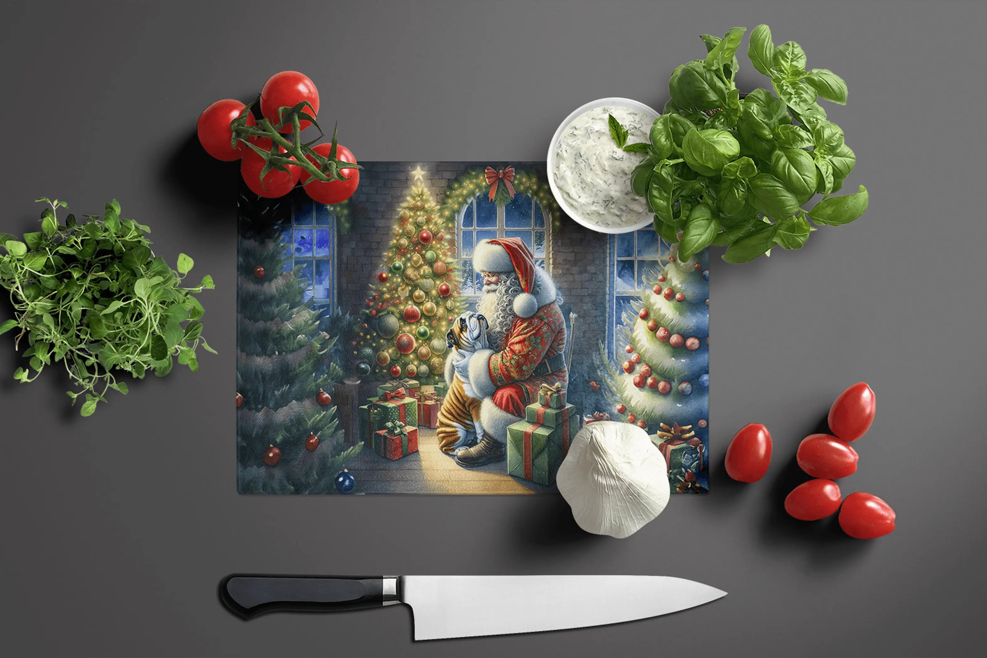 English Bulldog and Santa Claus Glass Cutting Board Caroline's Treasures