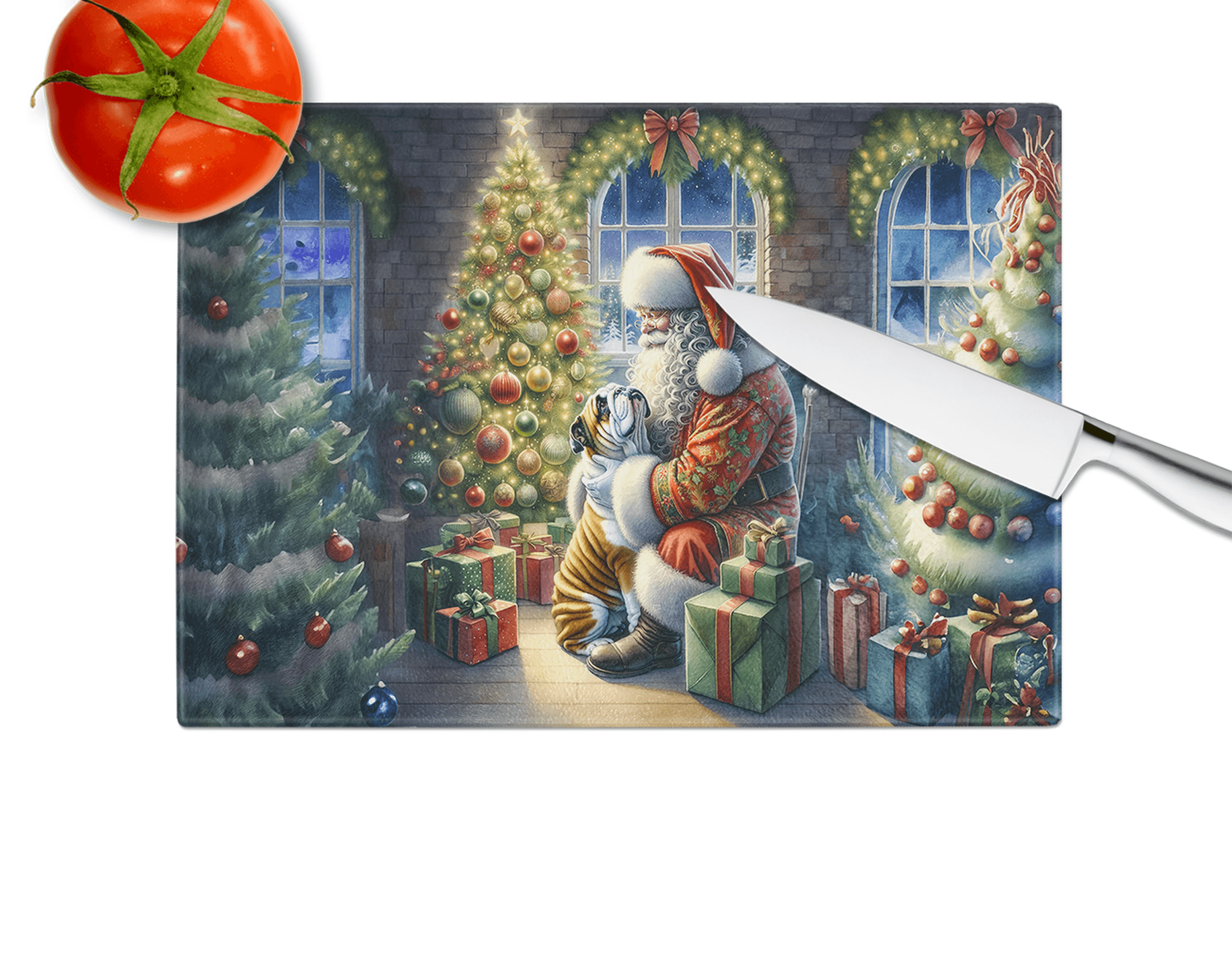 English Bulldog and Santa Claus Glass Cutting Board Caroline's Treasures