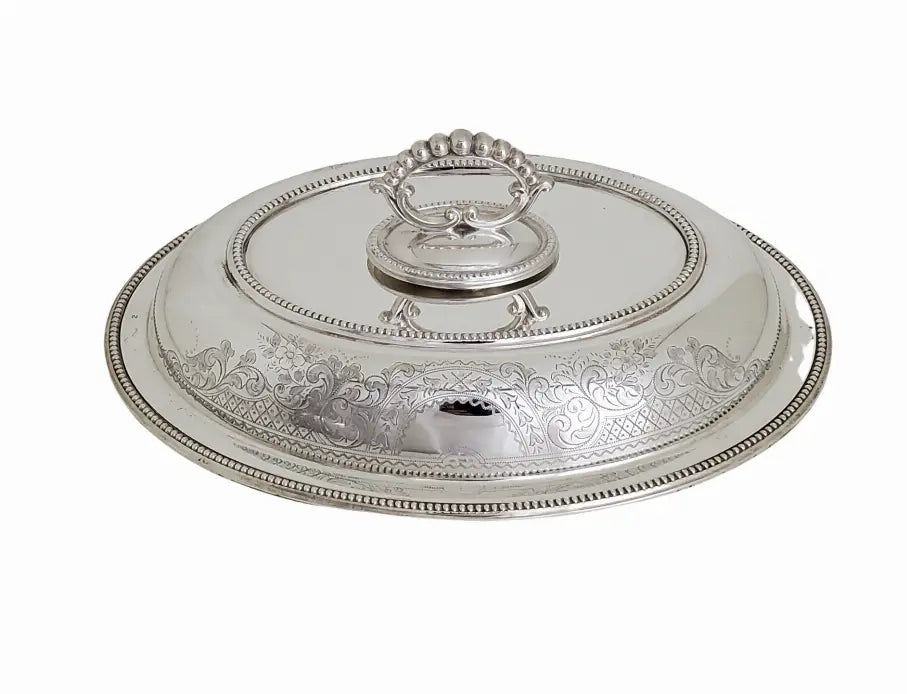 Entree Dish Oval Bead Engraved English Silver Plate c.1875 Corbell Silver