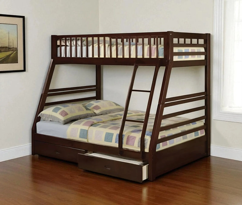 Espresso Twin Over Full Solid Wood Bunk Bed With Storage - GreatEagleInc