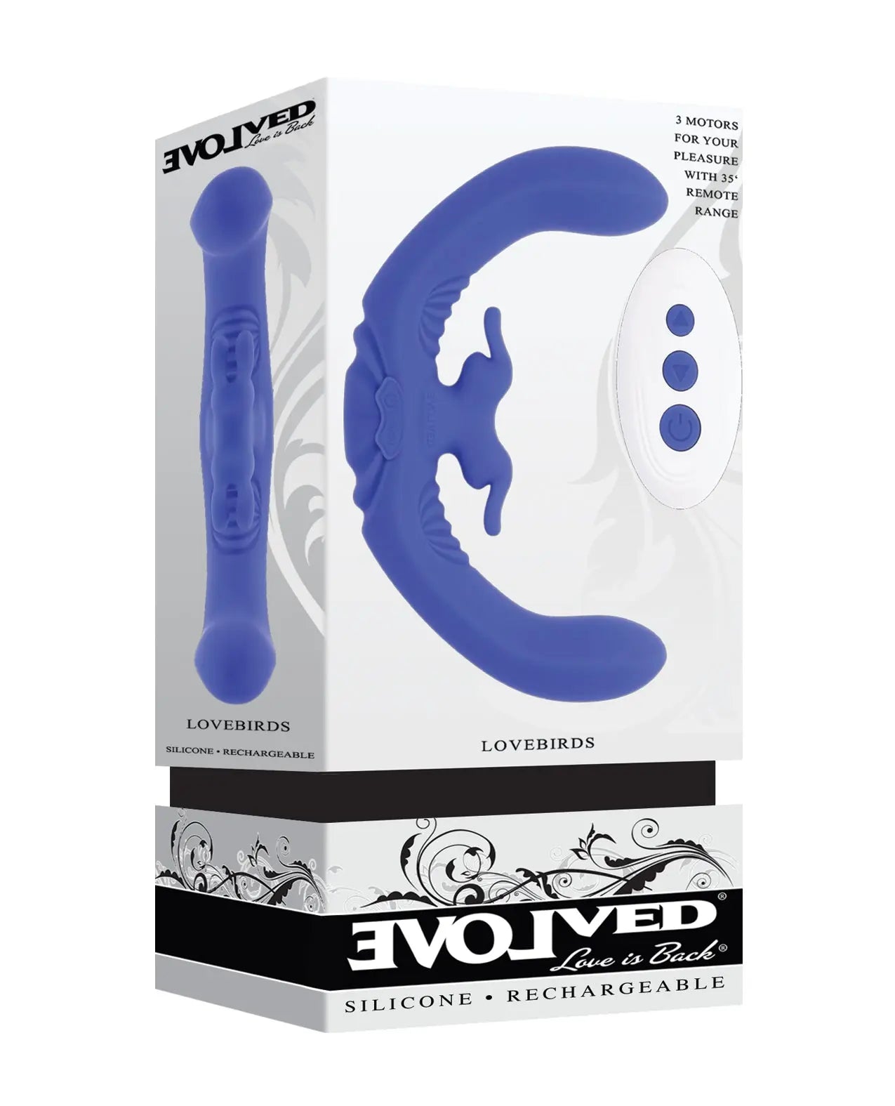 Evolved Lovebirds Curved Dual-Ended Rabbit Vibe w/Remote Control - Blue Evolved Novelties INC