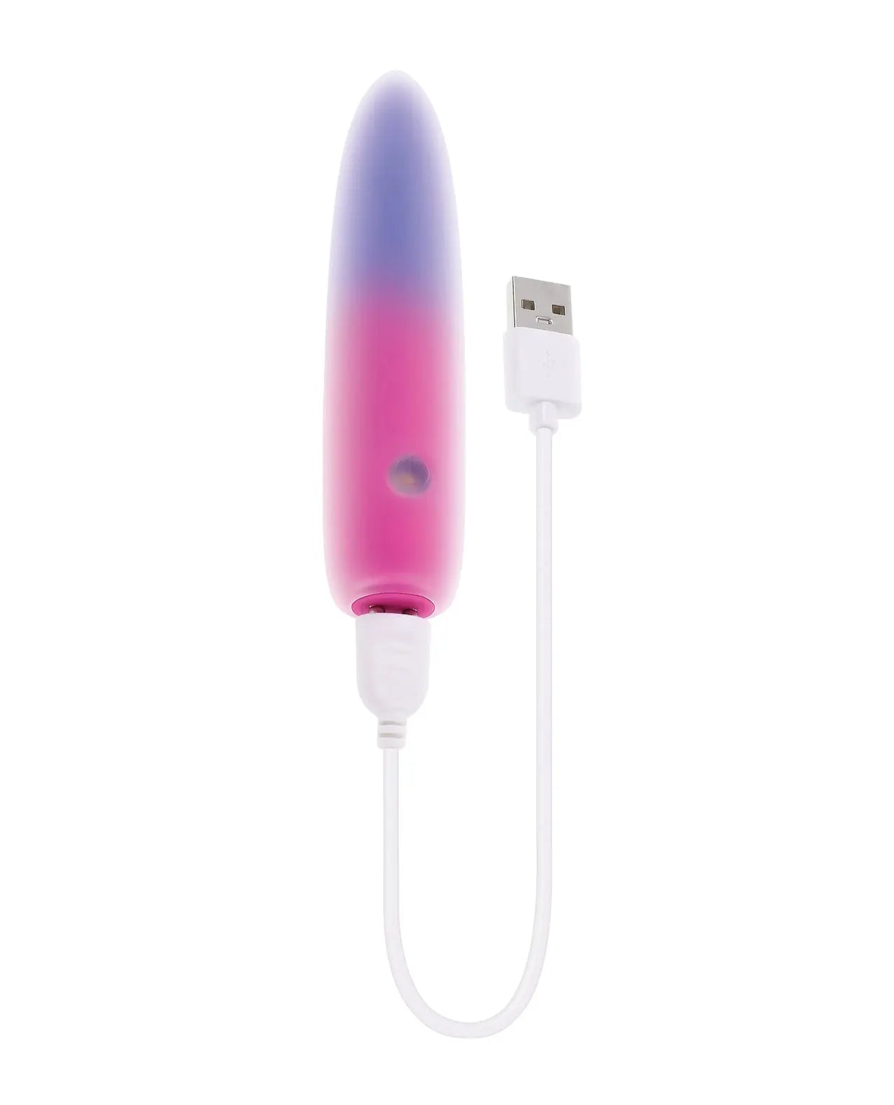 USB rechargeable vibrator in glossy gradient pink and purple silicone, smooth design, perfect for discreet pleasure.