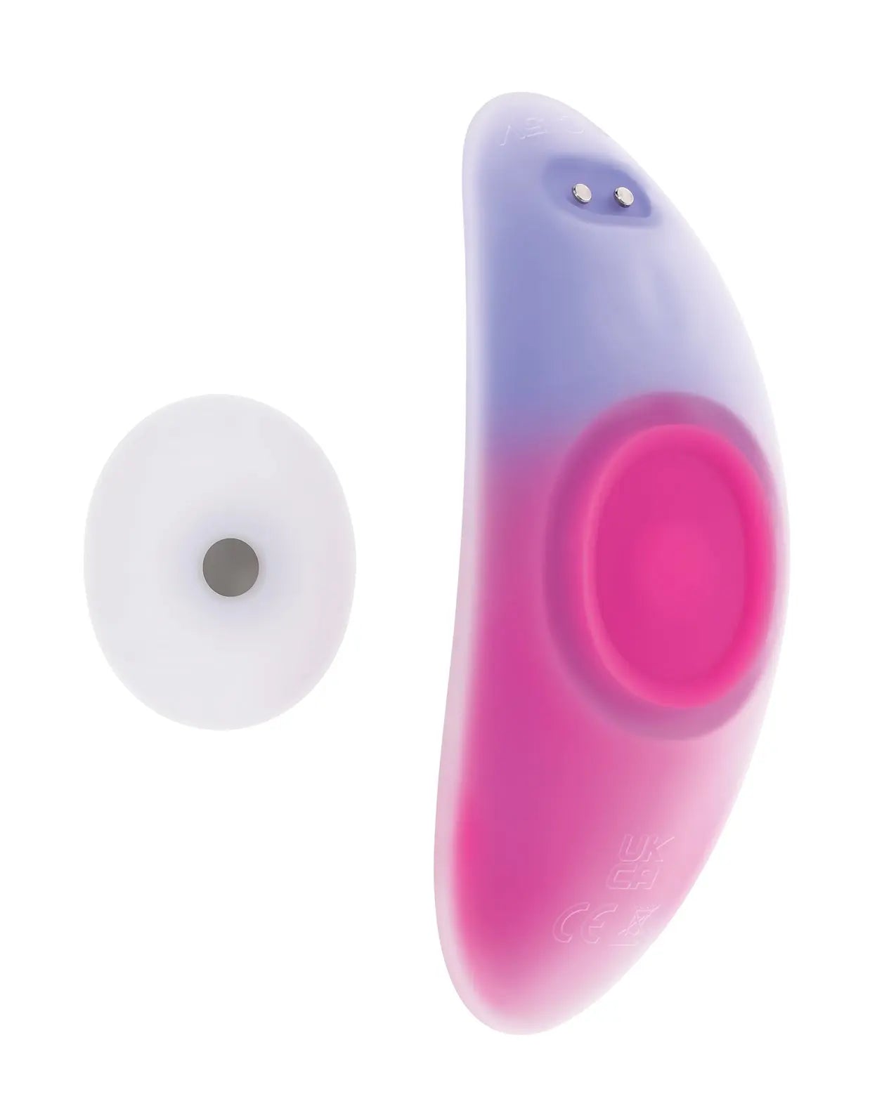 Pink and purple silicone massager with ergonomic shape and removable suction cup for enhanced comfort and control.