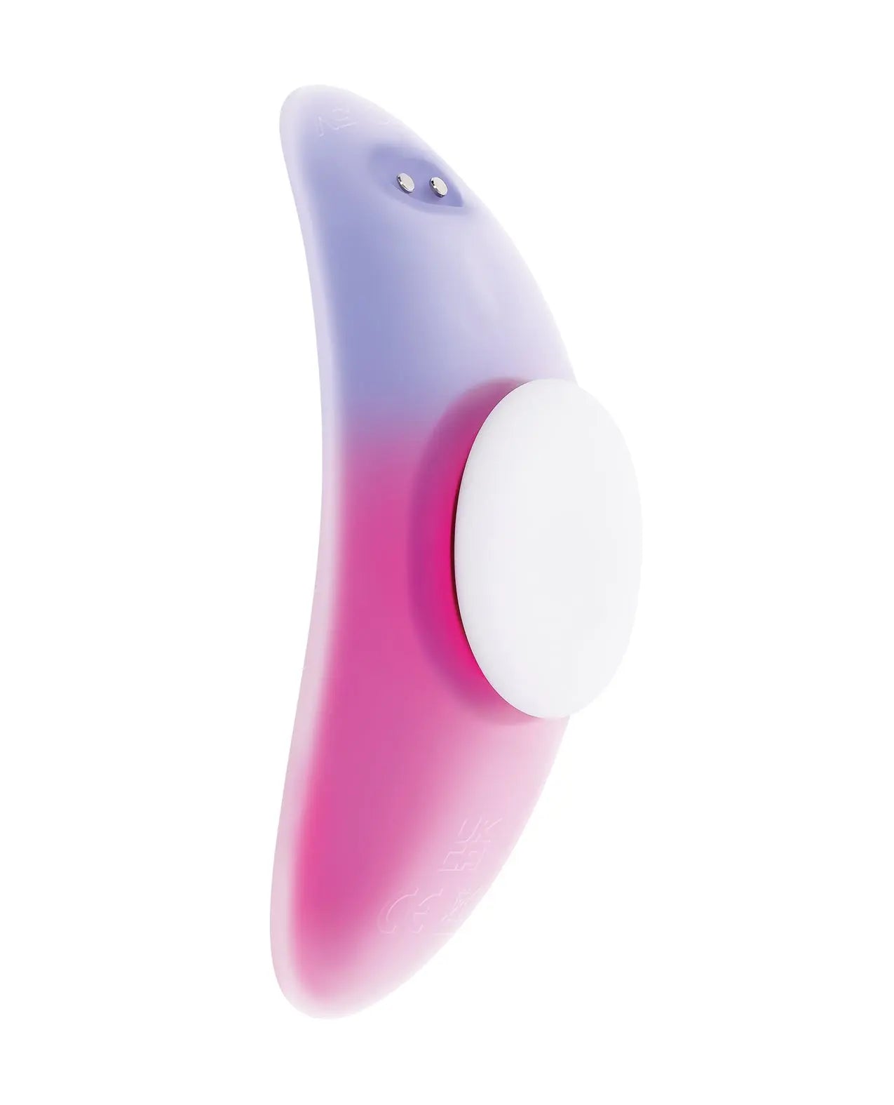 Purple and pink silicone massage tool with a rounded white tip for soothing relief and relaxation.