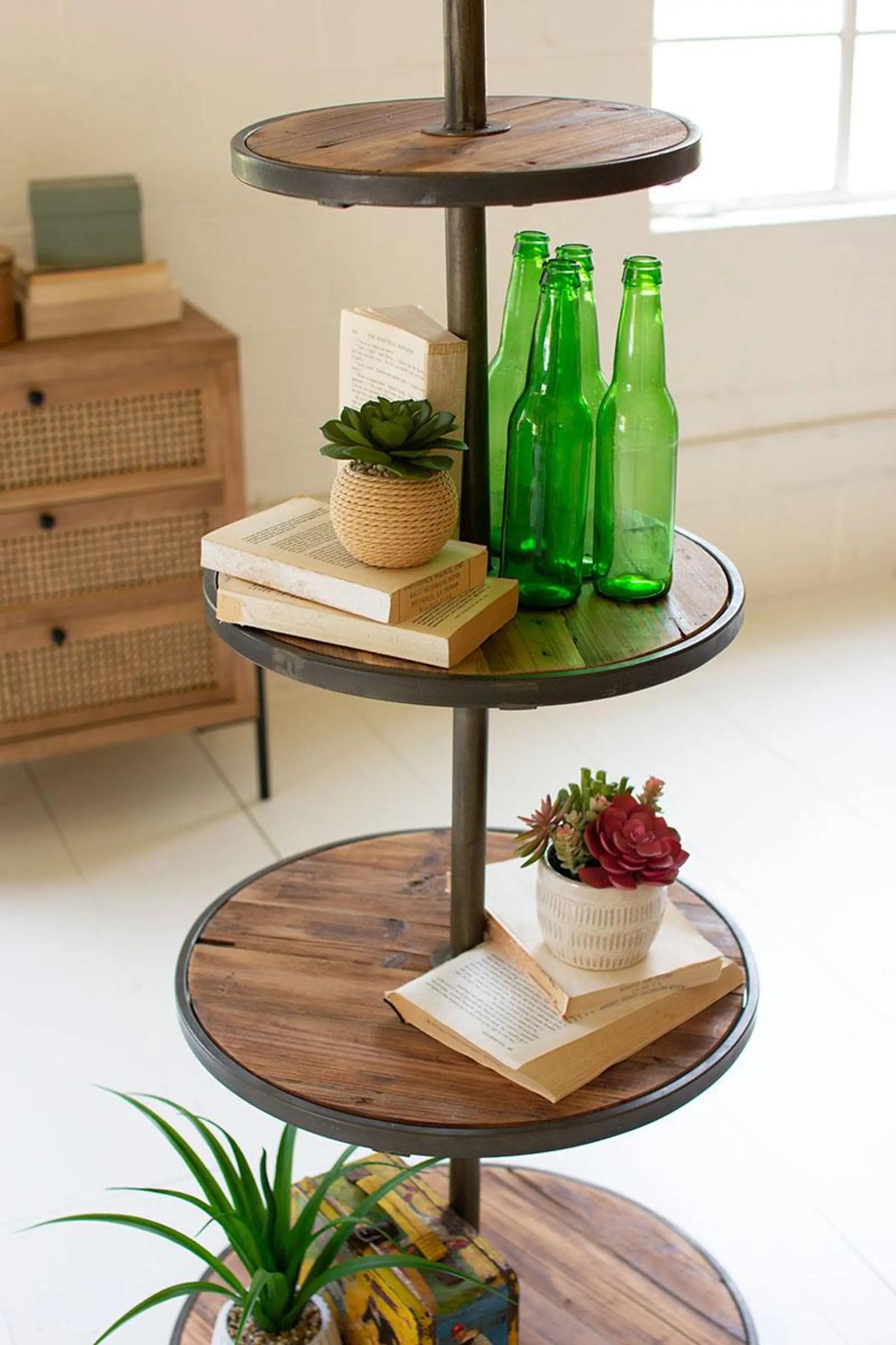 FOUR TIERED RECYCLED WOOD AND METAL DISPLAY TOWER Kalalou