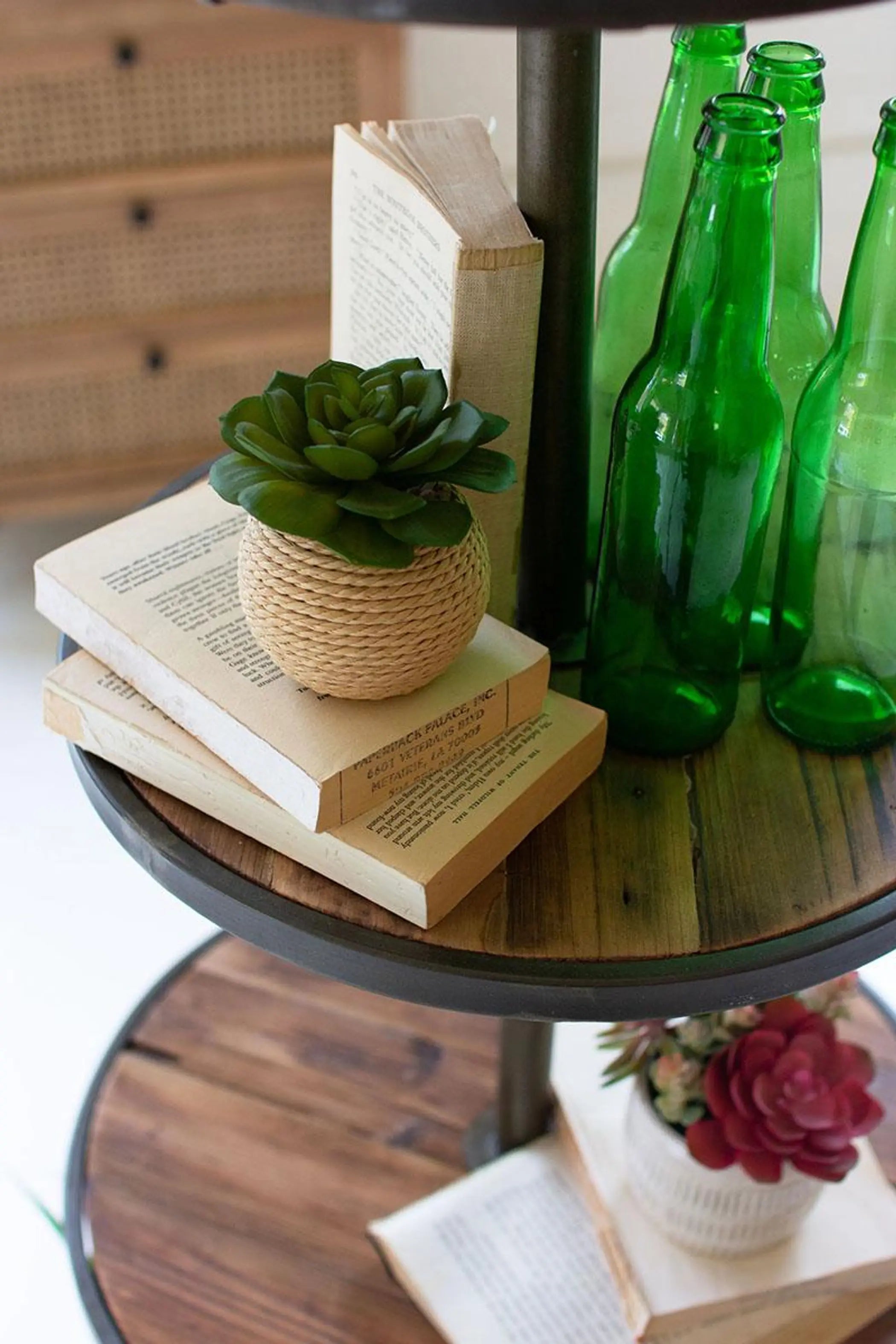FOUR TIERED RECYCLED WOOD AND METAL DISPLAY TOWER Kalalou