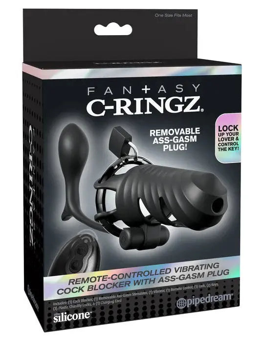 Fantasy C-Ringz Remote-Controlled Vibrating Cock Blocker With Ass-Gasm Plug - Black Pipedream