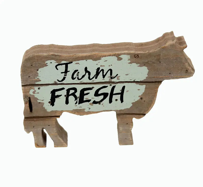 Farm Fresh Wood Cow Tabletop Decor- Farmhouse Rustic Wood Cow Statue- Mini Vintage Animal Home Decor Paris Loft Inc