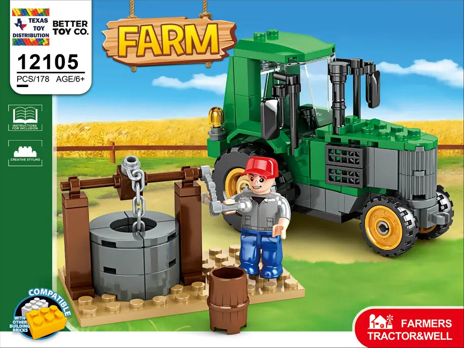 Farm Tractor and Well Building Brick Kit (178 pcs) Texas Toy Distribution