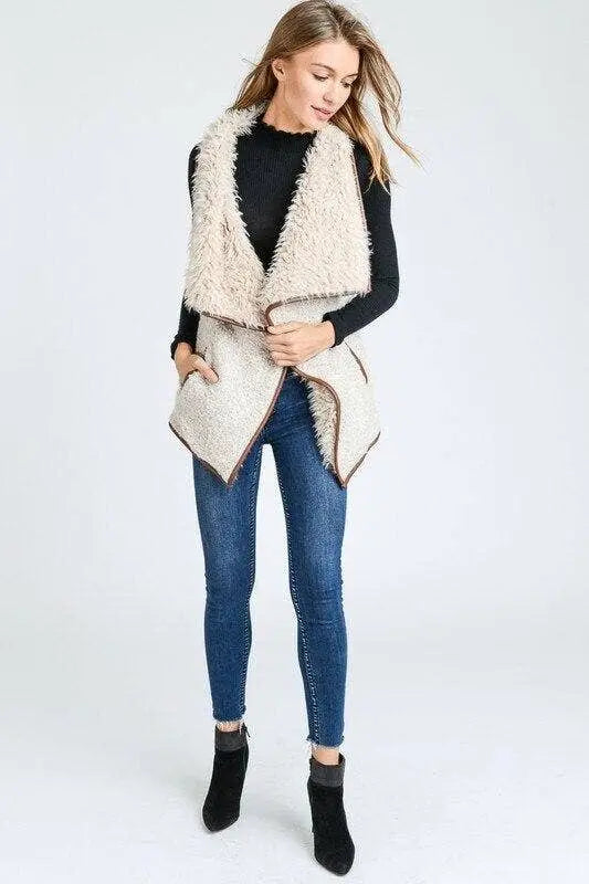 Faux Fur Collared Draped Open Front Sherpa Vest SurelyMine