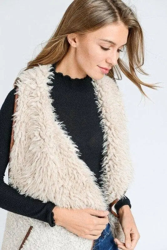 Faux Fur Collared Draped Open Front Sherpa Vest SurelyMine
