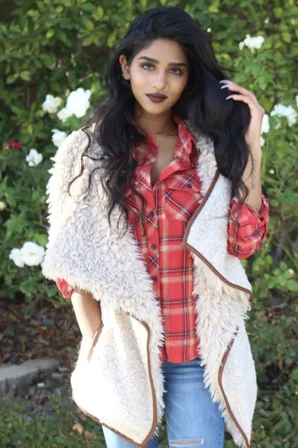 Faux Fur Collared Draped Open Front Sherpa Vest SurelyMine