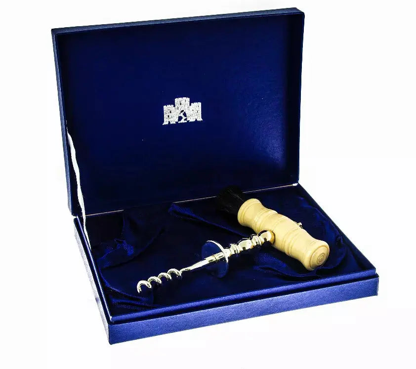 Faux Ivory/Silverplate Cork Puller with Brush, Boxed Corbell Silver