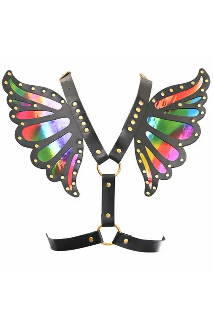 Faux Leather & Rainbow Holo Butterfly Wing Harness Daisy Corsets