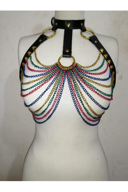 Faux Leather & Rainbow Metallic Chain Harness Daisy Corsets