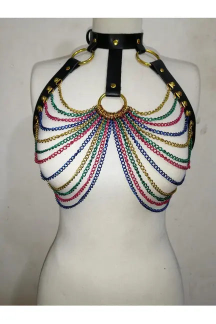 Faux Leather & Rainbow Metallic Chain Harness Daisy Corsets