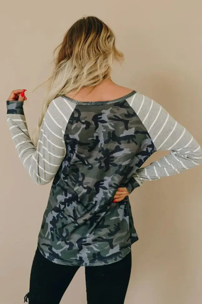 Favorite Things Camo Striped Top Stay Warm in Style