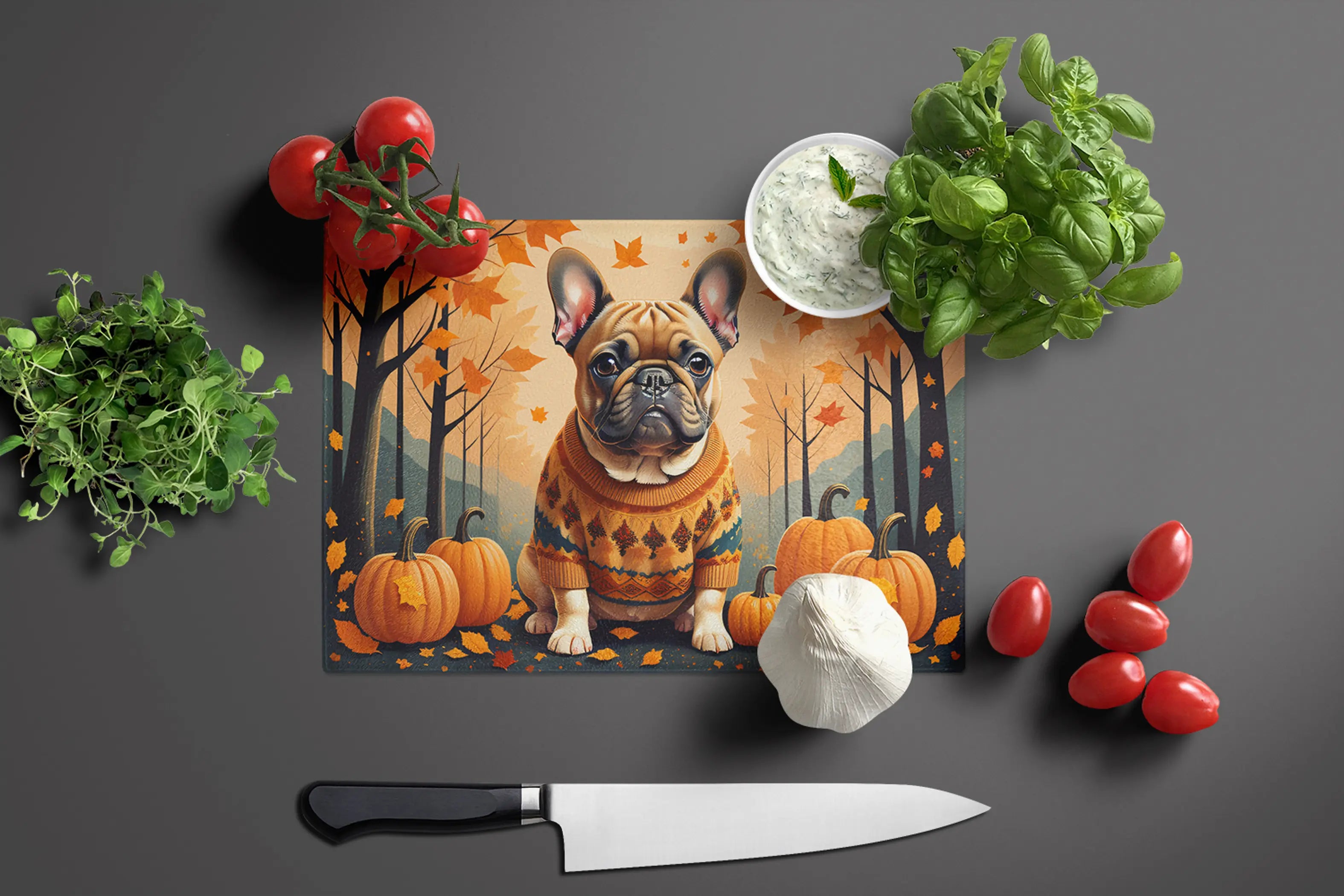 Fawn French Bulldog Fall Glass Cutting Board Caroline's Treasures