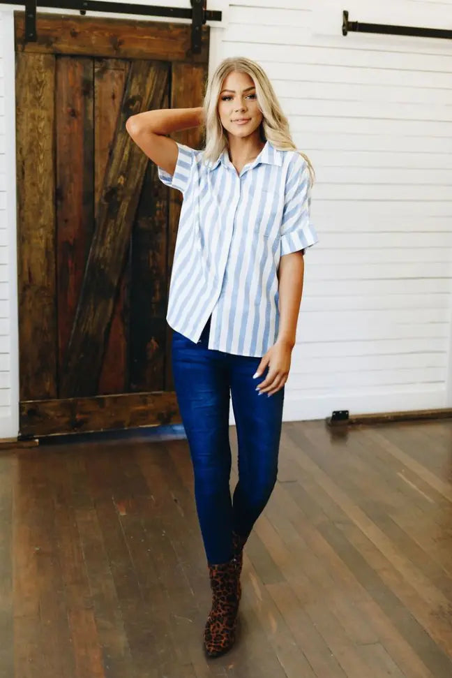 Fine Line Button Down Top Stay Warm in Style