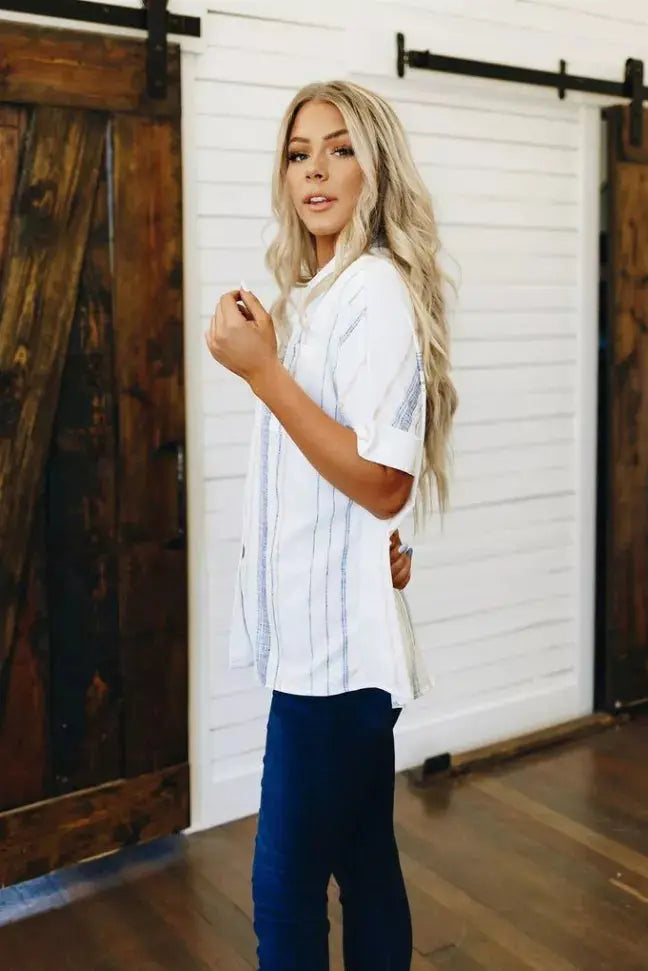 Fine Line Button Down Top Stay Warm in Style