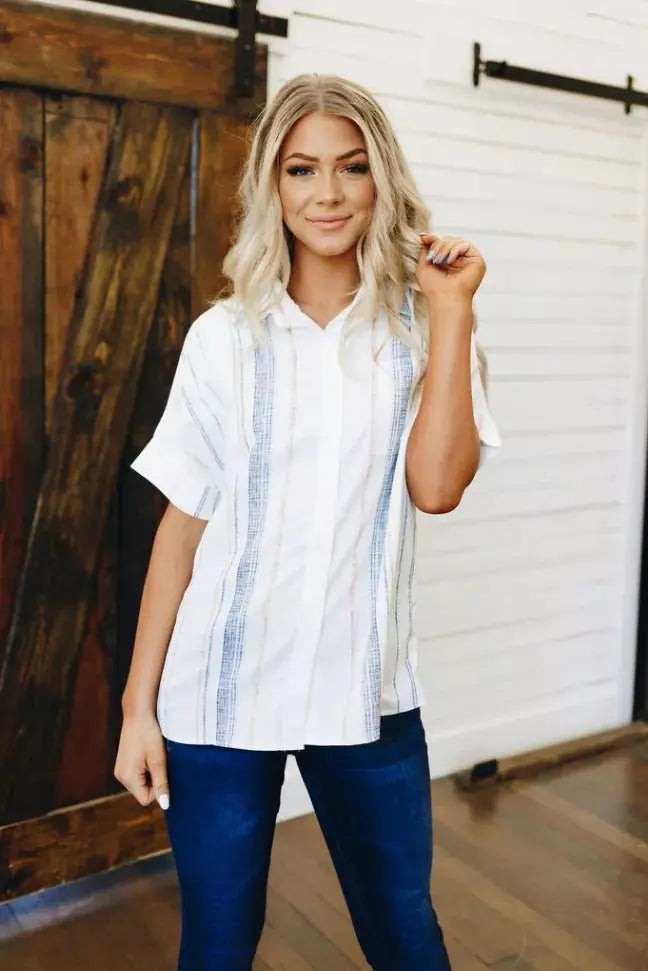 Fine Line Button Down Top Stay Warm in Style