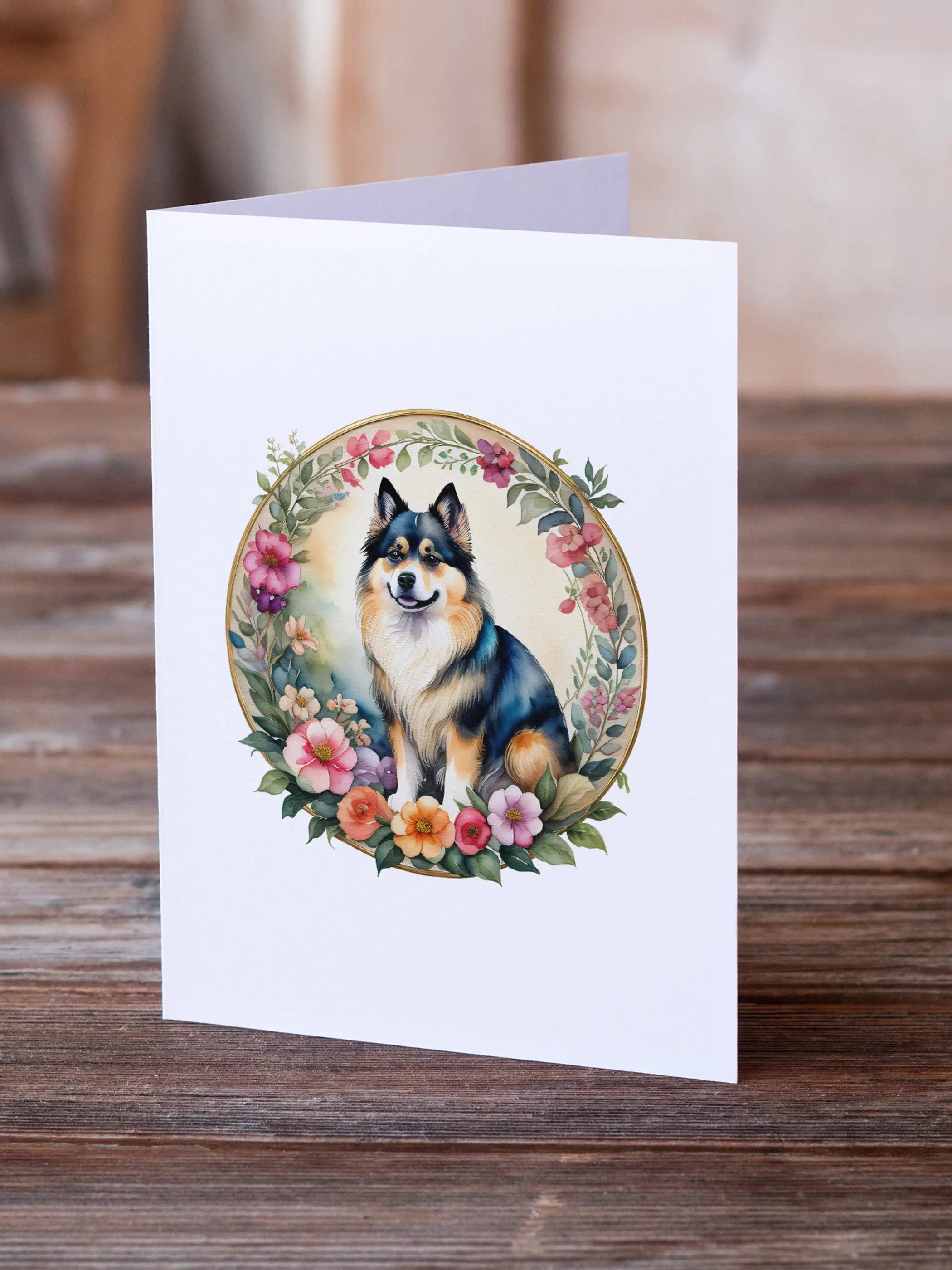 Finnish Lapphund and Flowers Greeting Cards Pack of 8 Caroline's Treasures
