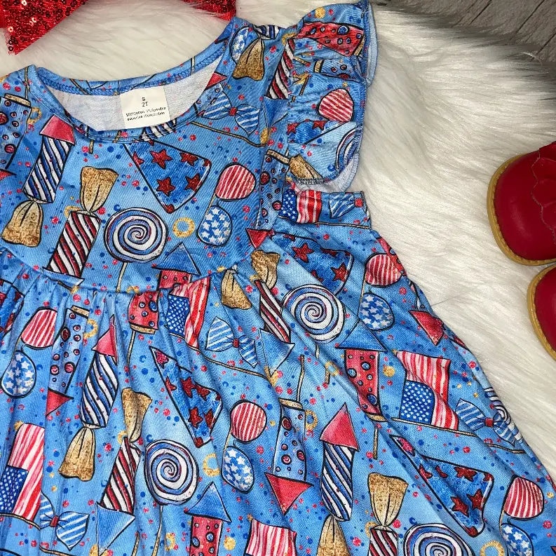 Fireworks Celebration Printed Flutter Sleeve Dress Stella Bean Clothing