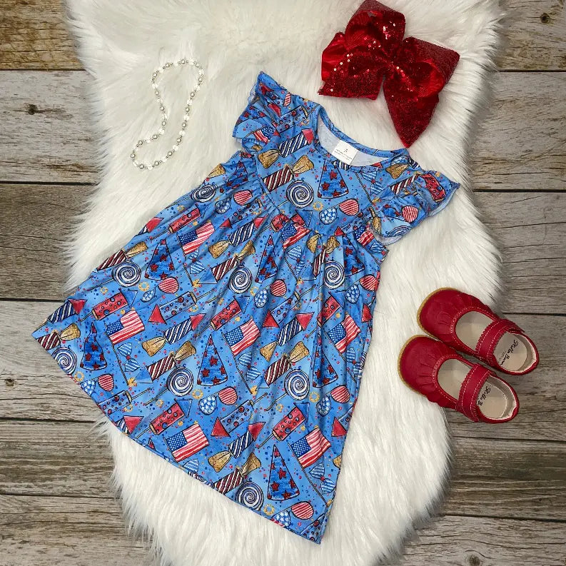 Fireworks Celebration Printed Flutter Sleeve Dress Stella Bean Clothing