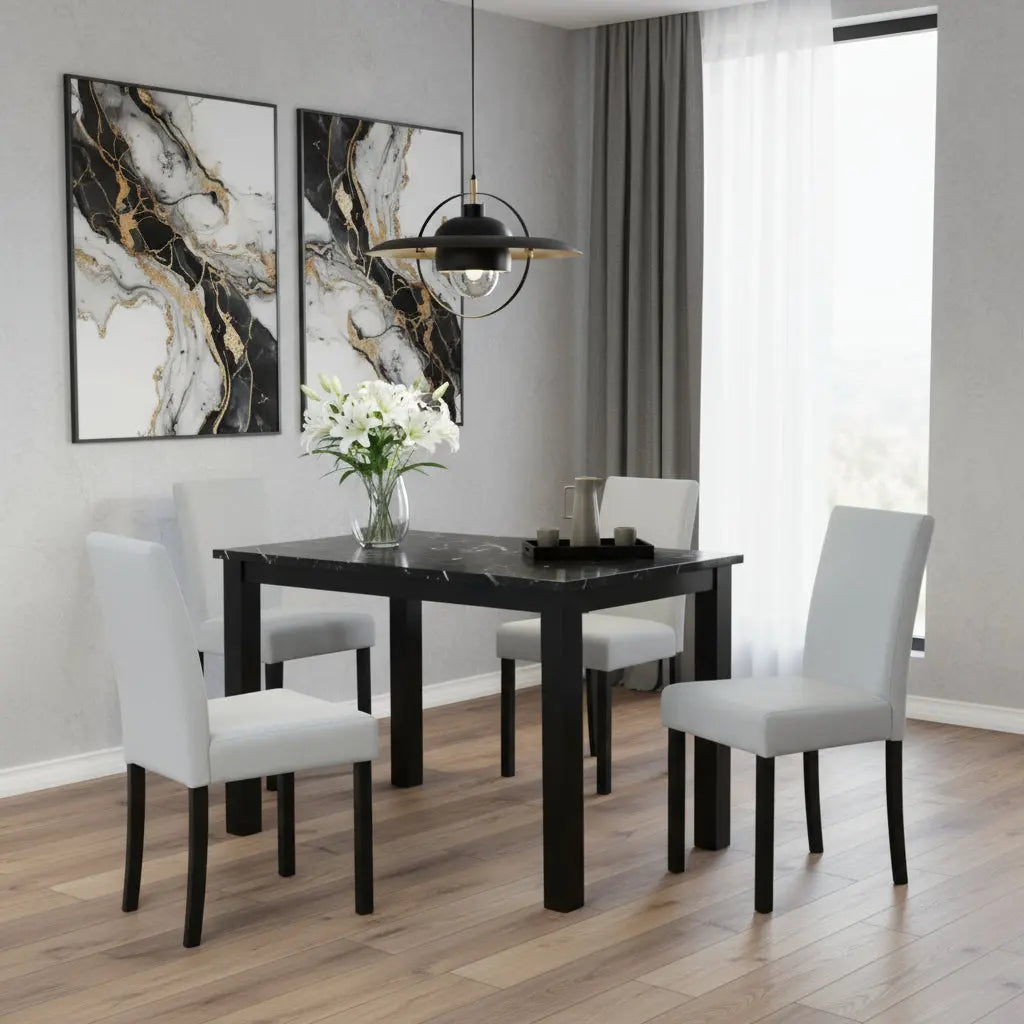 Five Piece Black Faux Marble Dining Set with Four Chairs - GreatEagleInc