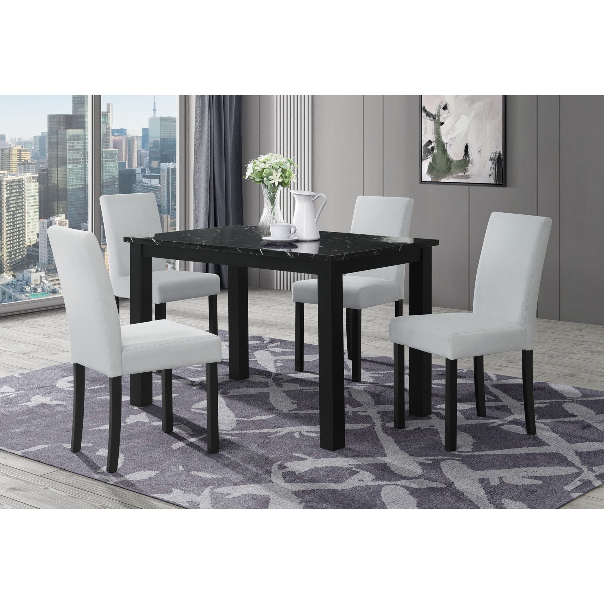 Five Piece Black Faux Marble Dining Set with Four Chairs - GreatEagleInc