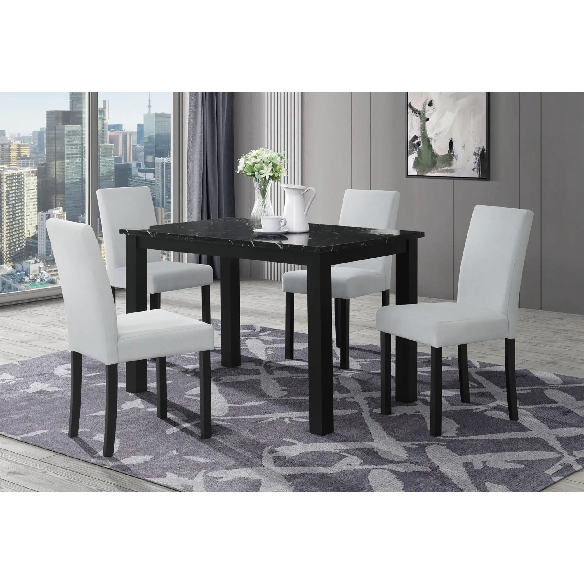 Five Piece Black Faux Marble Dining Set with Four Chairs - GreatEagleInc