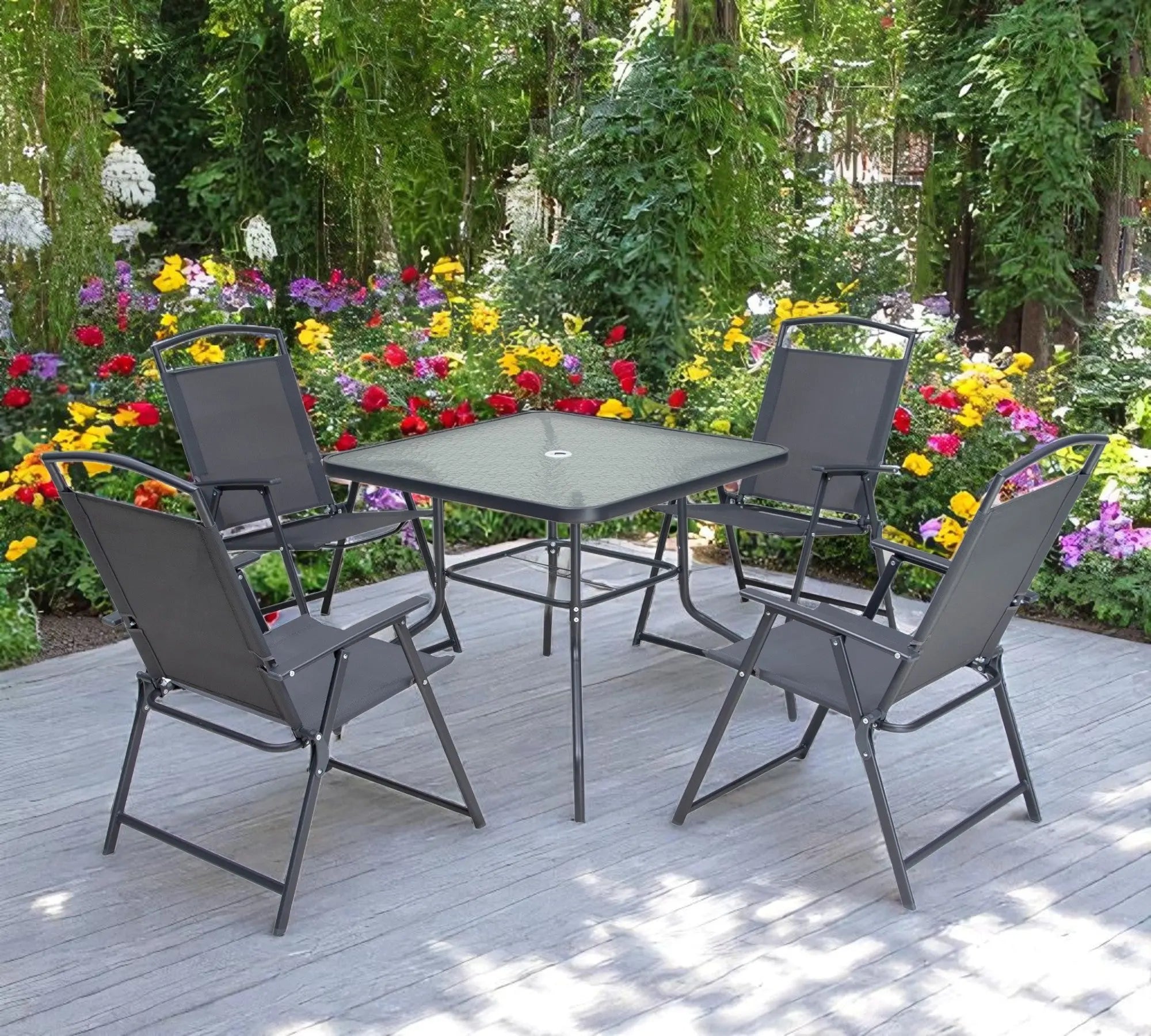 Five Piece Clear and Black Square Glass Dining Set with Four Chairs Homeroots Outdoor