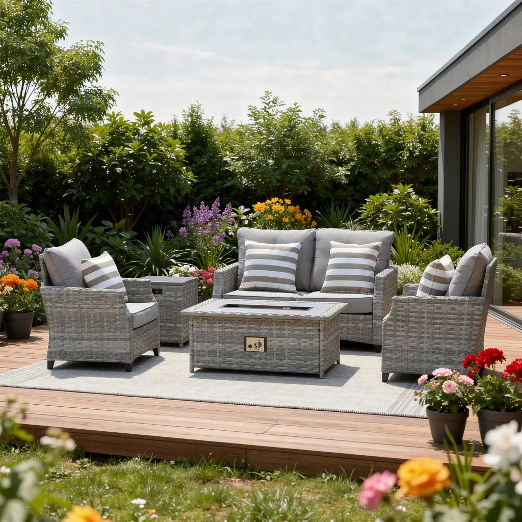 Five Piece Gray Rattan Sofa Seating Group With Fire Pit And Table Homeroots Outdoor