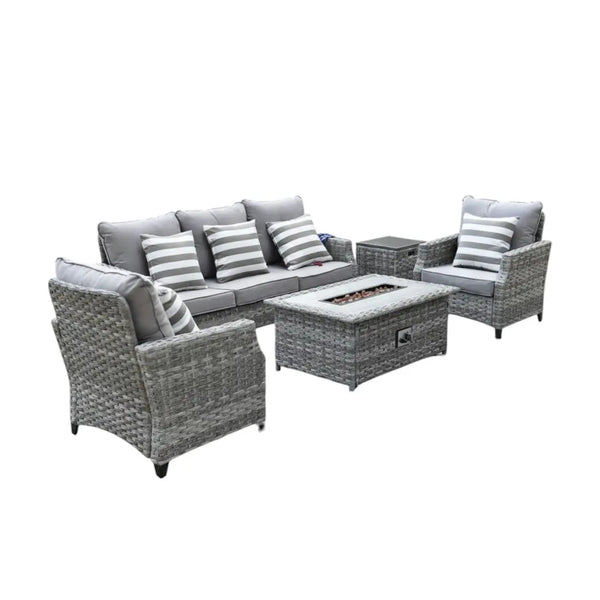 Five Piece Gray Rattan Sofa Seating Group With Fire Pit And Table Homeroots Outdoor