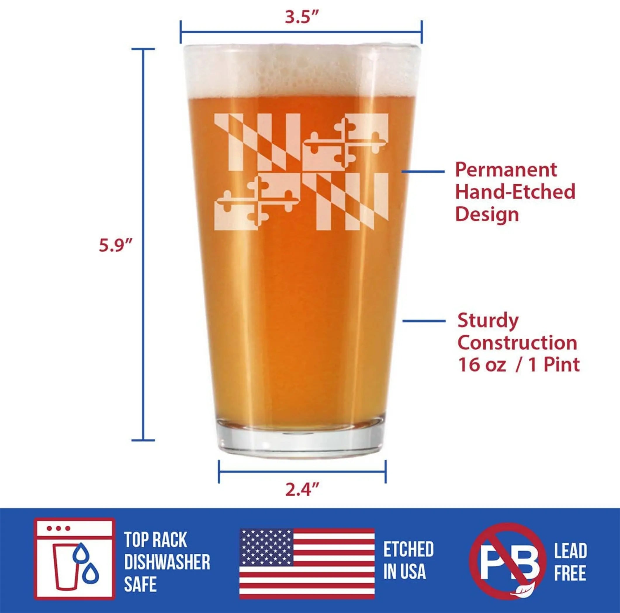 Flag of Maryland Pint Glass for Beer - Marylanders Gifts Bevvee