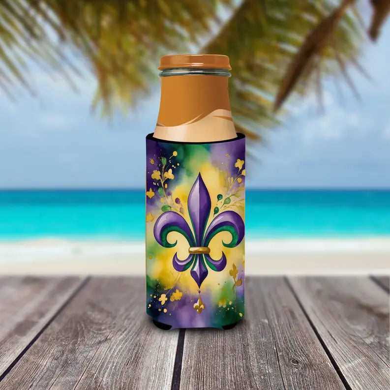 Fleur de lis Mardi Gras Hugger for Ultra Slim Cans Caroline's Treasures