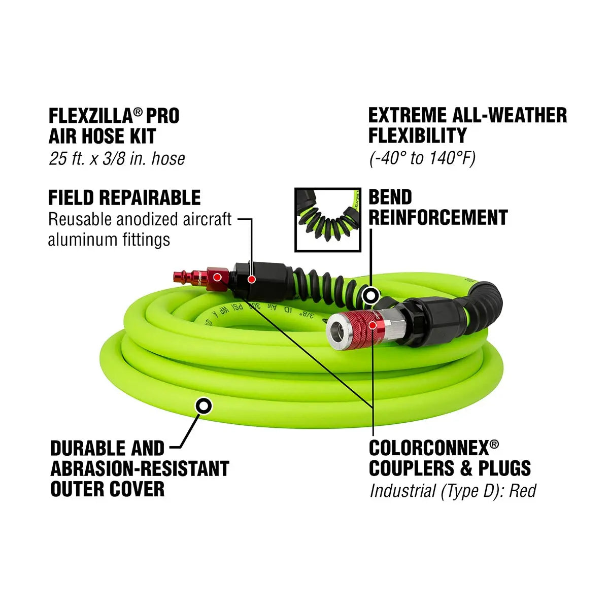 Flexzilla Heavy Duty Lightweight Air Hose 3/8" X 25' With Colorconnex Coupler And Plug - (red) Ty FLEXZILLA