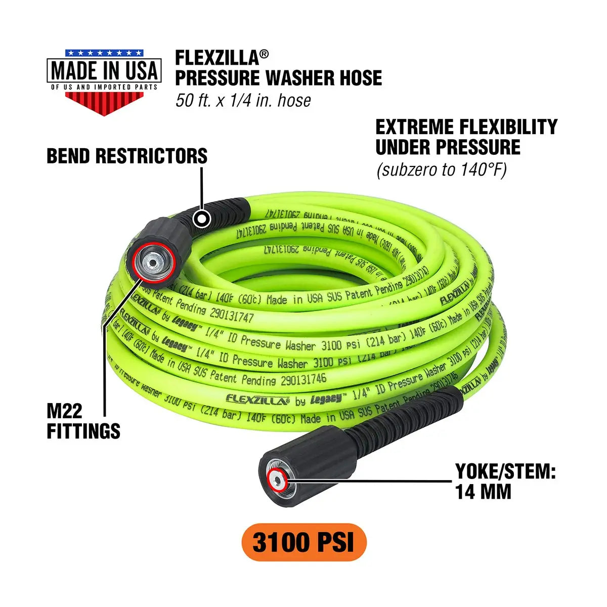 Flexzilla Pressure Washer Hose 1/4" X 50" With M22 Fittings FLEXZILLA