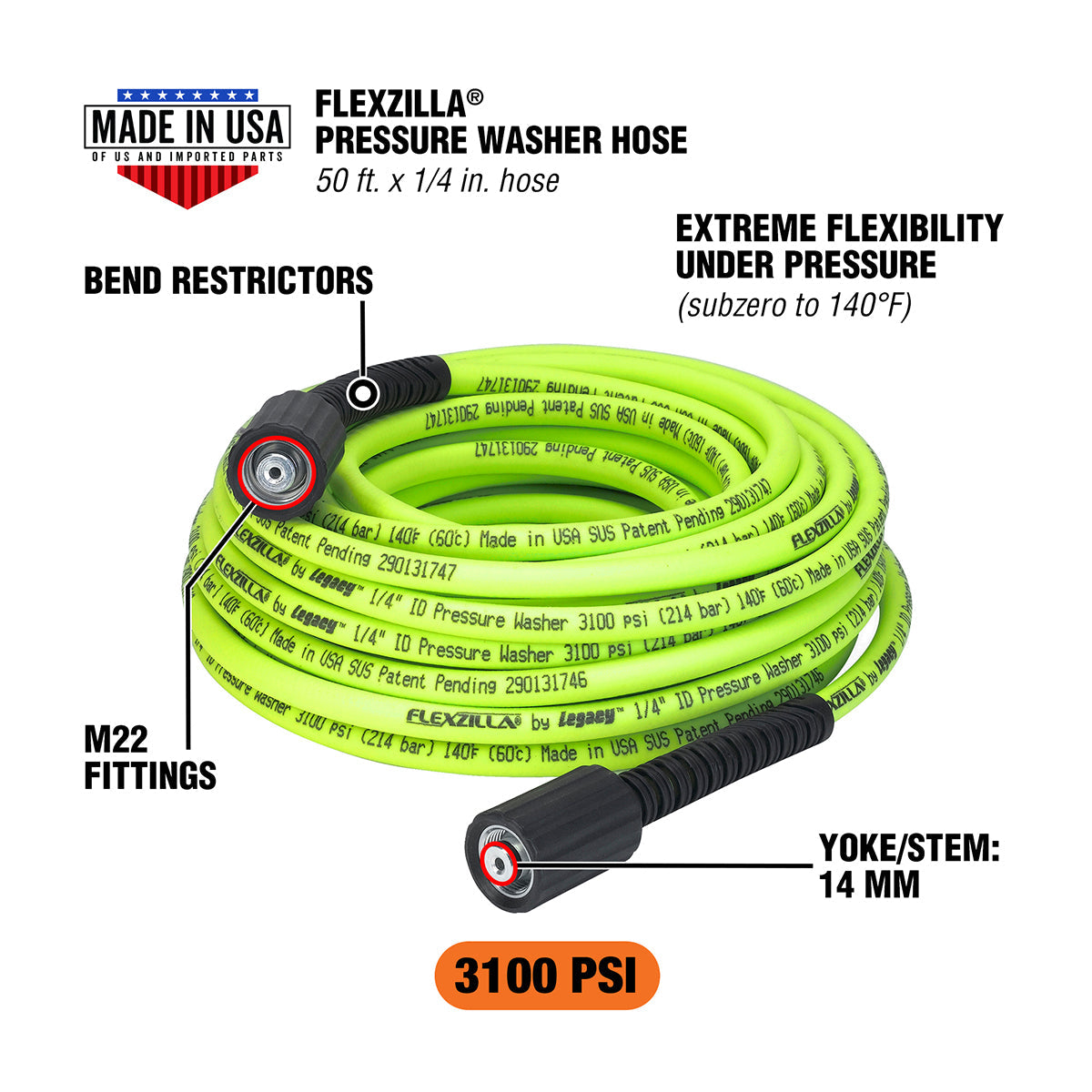 Flexzilla Pressure Washer Hose 1/4" X 50' With M22 Fittings (boxed) FLEXZILLA