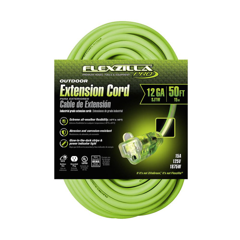 Flexzilla Pro Extension Cord 12/3 Awg Sjtw 50ft Outdoor Lighted Plug FLEXZILLA