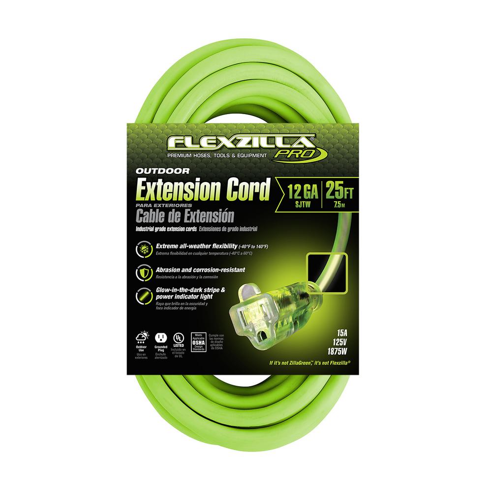 Flexzilla® Pro Extension Cord 12/3 Awg Sjtw 25' Outdoor Lighted Plug Zillagreen™ FLEXZILLA