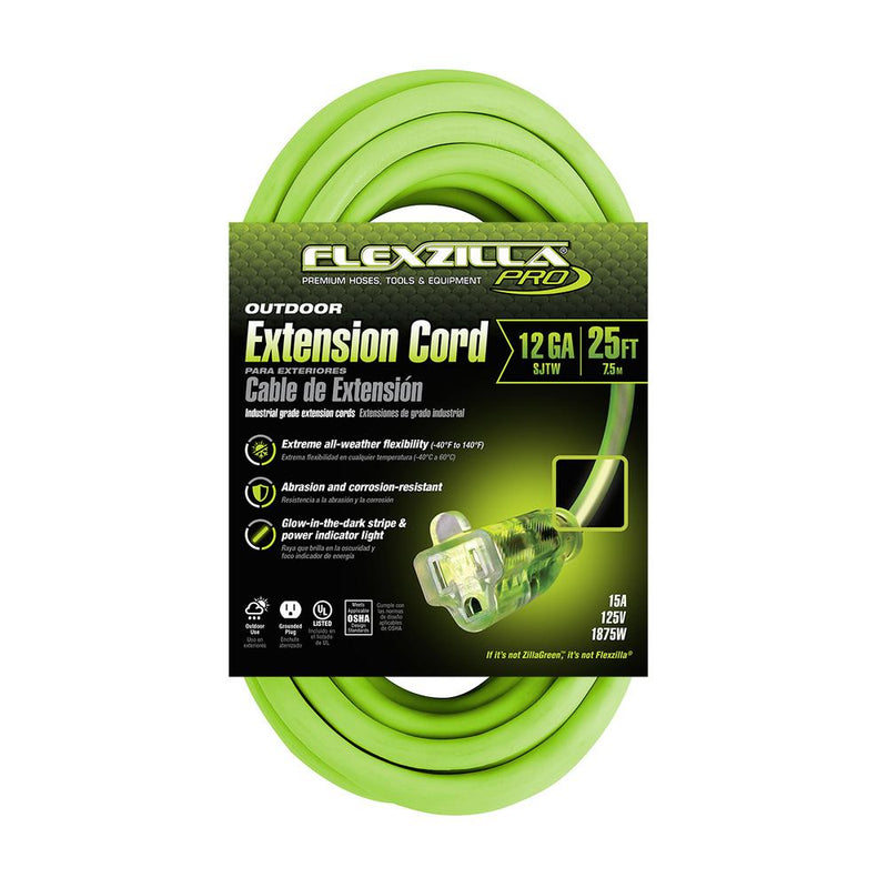 Flexzilla® Pro Extension Cord 12/3 Awg Sjtw 25' Outdoor Lighted Plug Zillagreen™ FLEXZILLA