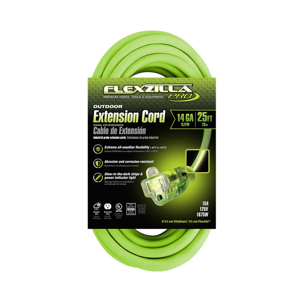 Flexzilla® Pro Extension Cord 14/3 Awg Sjtw 25' Outdoor Lighted Plug Zillagreen™ FLEXZILLA