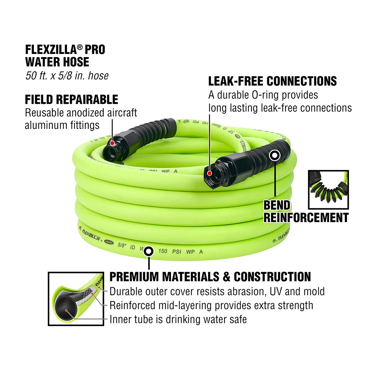 Flexzilla® Pro Water Hose 5/8" X 50' 3/4" - 11 1/2 Ght Fittings Zillagreen® FLEXZILLA