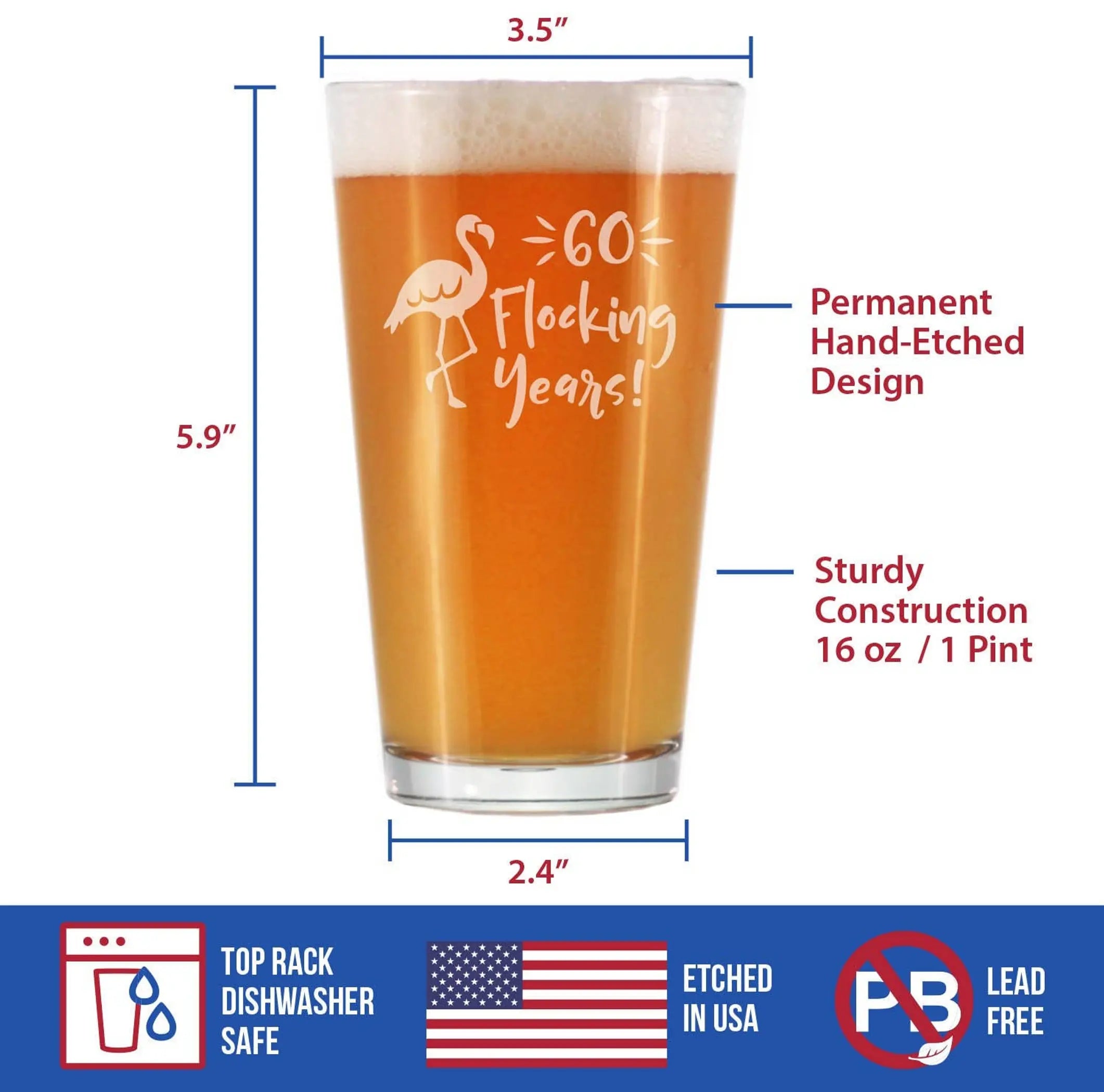 Flocking 60 Pint Glass for Beer - 60th Birthday Gifts Bevvee