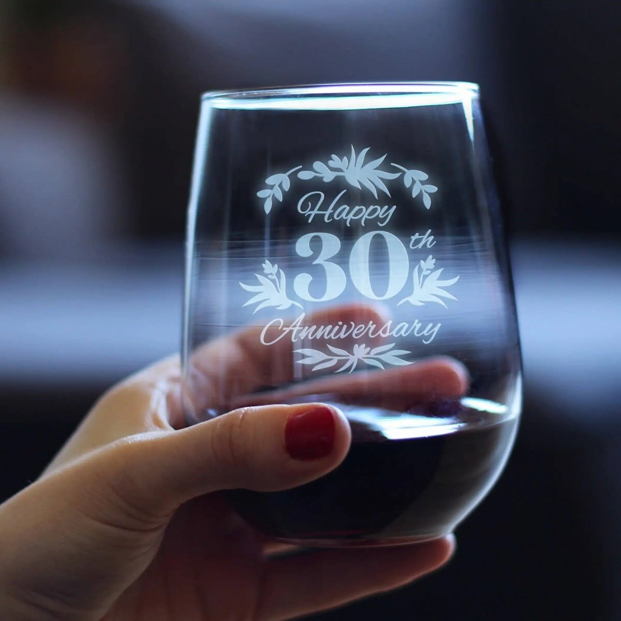 Floral 30 Stemless Wine Glass 30th Anniversary Gift Bevvee