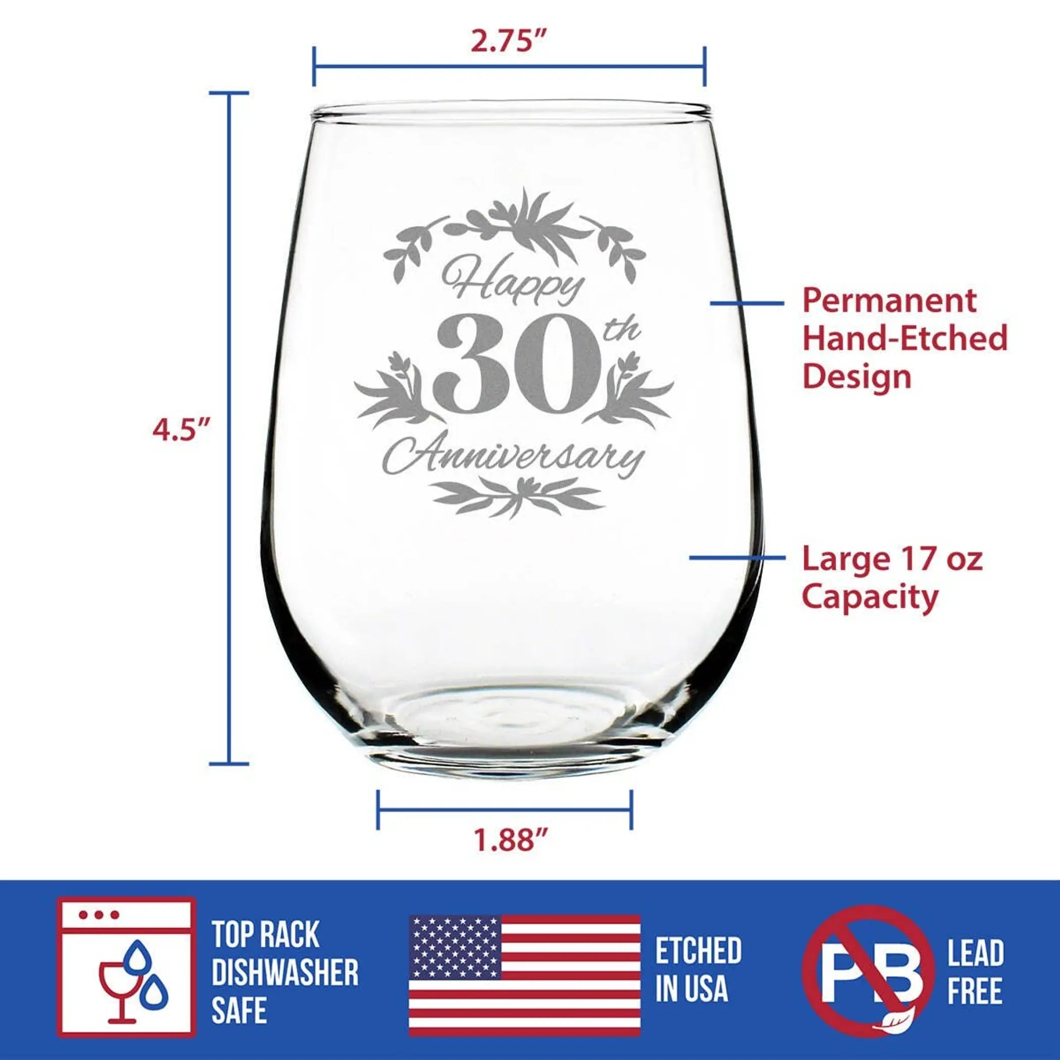 Floral 30 Stemless Wine Glass 30th Anniversary Gift Bevvee