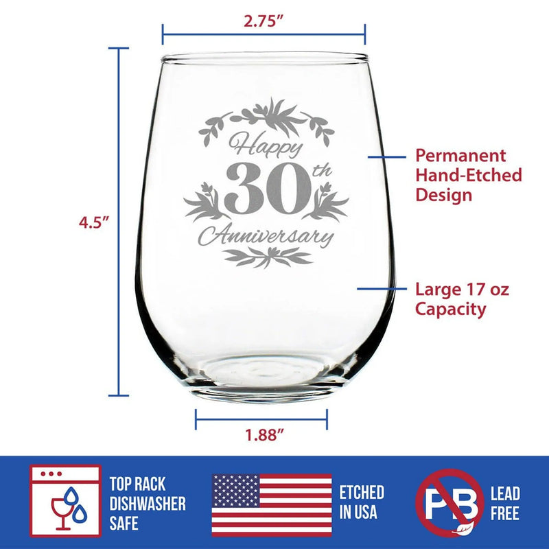 Floral 30 Stemless Wine Glass 30th Anniversary Gift Bevvee