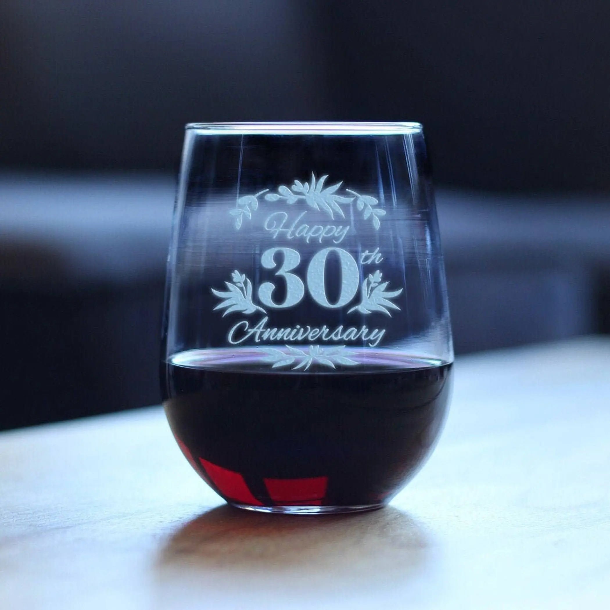 Floral 30 Stemless Wine Glass 30th Anniversary Gift Bevvee
