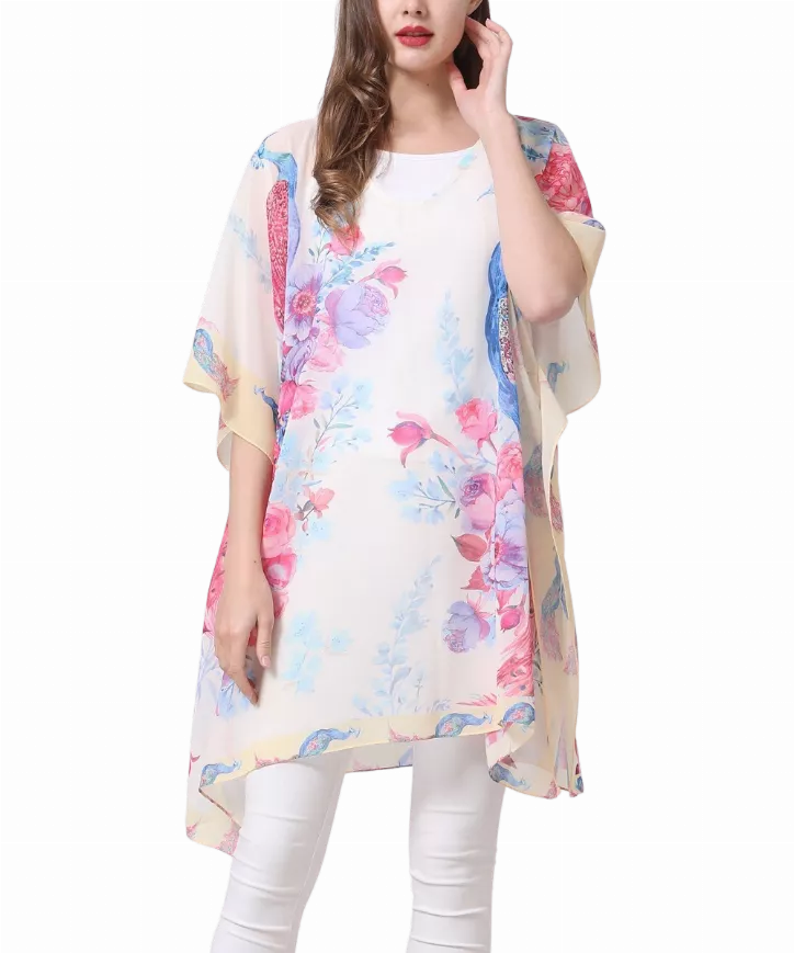 Floral Peacock Border-Accent V Neck Tunic JC Sunny Fashion
